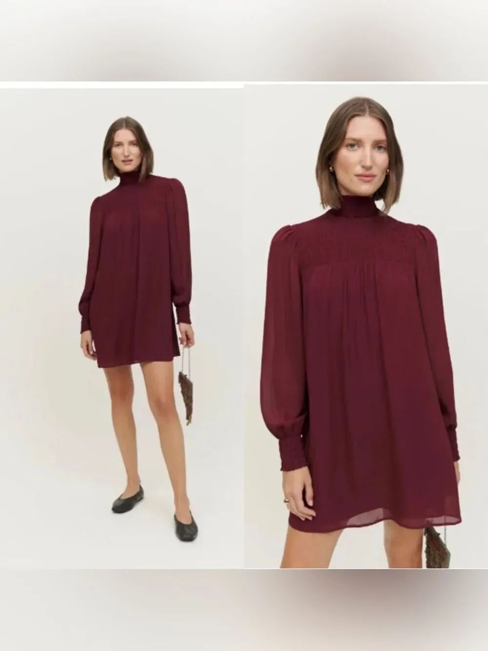 Reformation Brandi smocked mini dress in burgundy